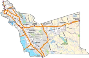Alameda County California GIS Map showing county boundaries, cities, roads, and geographic features.