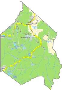 Alpine County California GIS Map showing county boundaries, cities, roads, and geographic features.