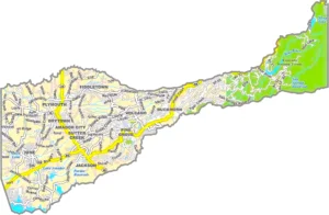 Amador County California GIS Map showing county boundaries, cities, roads, and geographic features.