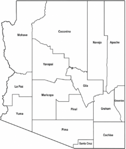 Arizona Simple Map showing counties, cities, mountains, deserts, rivers, and land features from a satellite view.