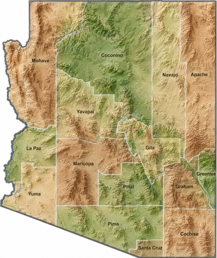 Arizona Topographic County Map
