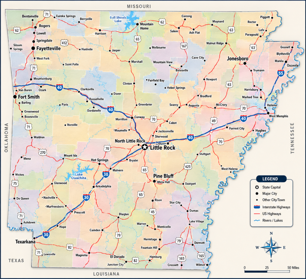 Arkansas Cities And Roads Map