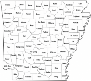 Arkansas Simple County Mapshowing county boundaries, roads, cities, and geographic features.