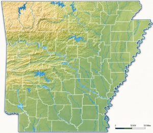 Arkansas Topographic Map showing county boundaries, roads, cities, and geographic features.