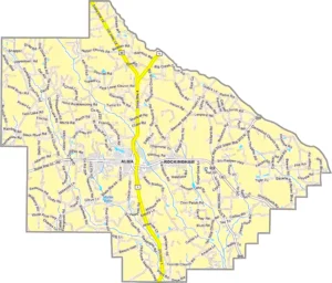 Bacon County Georgia GIS Map showing county boundaries, major roads, cities, highways, rivers, and geographic features.