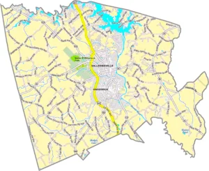 Baldwin County Georgia GIS Map showing county boundaries, major roads, cities, highways, rivers, and geographic features.