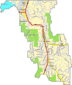 Bannock County Idaho GIS Map showing county boundaries, roads, cities, and geographic features.