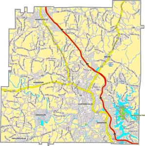 Bartow County Georgia GIS Map showing county boundaries, major roads, cities, highways, rivers, and geographic features.