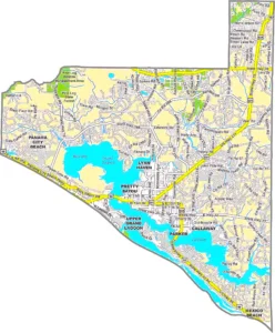 Bay County Florida GIS Map displaying county boundaries, roads, cities, and waterways.