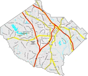 Bibb County Georgia GIS Map showing county boundaries, major roads, cities, highways, rivers, and geographic features.