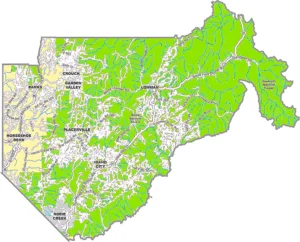 Boise County Idaho GIS Map showing county boundaries, roads, towns, and geographic features.