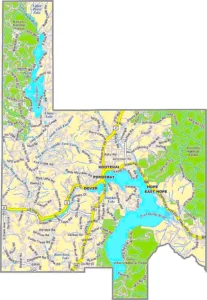 Bonner County Idaho GIS Map showing county boundaries, roads, cities, and geographic features.