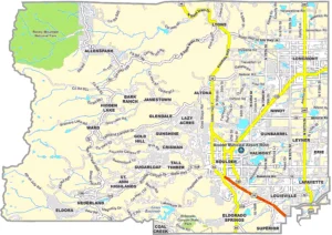Boulder County Colorado GIS Map showing county boundaries, cities, roads, and geographic features.