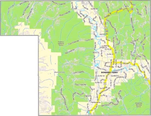 Boundary County Idaho GIS Map showing county boundaries, roads, communities, and geographic features.