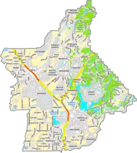 Butte County California GIS Map showing county boundaries, cities, roads, and geographic features.