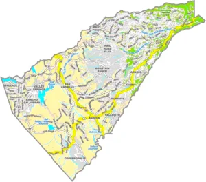 Calaveras County California GIS Map showing county boundaries, cities, roads, and geographic features.