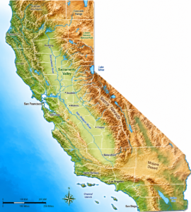 California Topographic Map showing county boundaries, cities, roads, and geographic features.