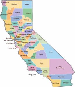 California county map showing county boundaries, cities, roads, and geographic features.