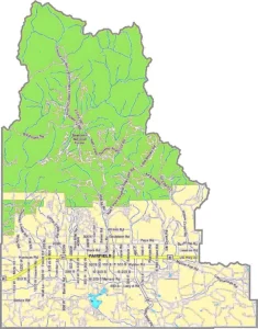 Camas County Idaho GIS Map showing county boundaries, roads, communities, and geographic features.