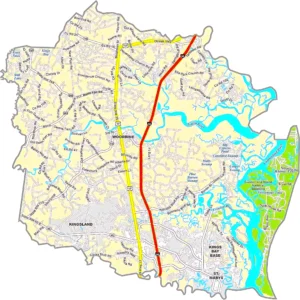 Camden County Georgia GIS Map showing county boundaries, major roads, cities, highways, rivers, and geographic features.