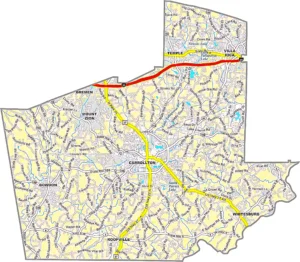 Carroll County Georgia GIS Map showing county boundaries, major roads, cities, highways, rivers, and geographic features.