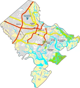 Chatham County Georgia GIS Map showing county boundaries, major roads, cities, highways, rivers, and geographic features.