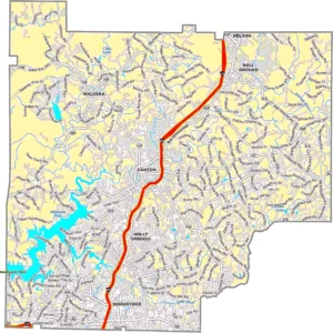 Cherokee County Georgia GIS Map showing county boundaries, major roads, cities, highways, rivers, and geographic features.