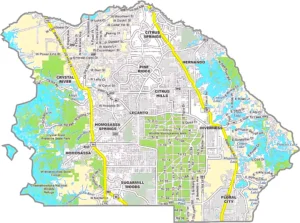 Citrus County Florida GIS Map showing county boundaries, roads, cities, and rivers.