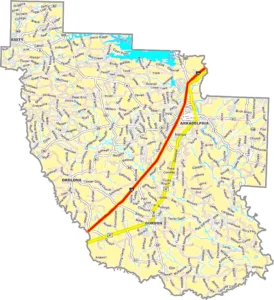 Clark County Arkansas GIS Map showing county boundaries, roads, cities, and geographic features.