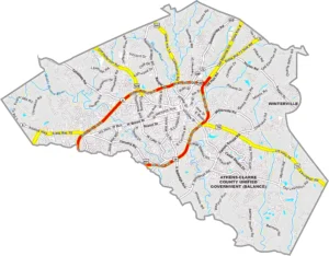 Clarke County Georgia GIS Map showing county boundaries, major roads, cities, highways, rivers, and geographic features.