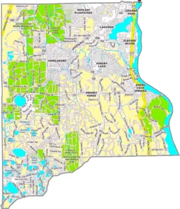 Clay County Florida GIS Map displaying county boundaries, cities, and highways.