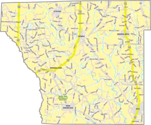 Cleveland County Arkansas GIS Map showing county boundaries, roads, cities, and geographic features.