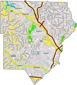 Cobb County Georgia GIS Map showing county boundaries, major roads, cities, highways, rivers, and geographic features.