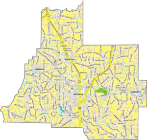 Coffee County Georgia GIS Map showing county boundaries, major roads, cities, highways, rivers, and geographic features.