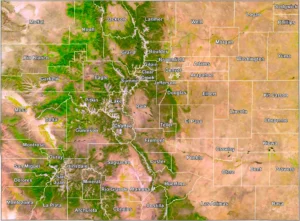 Colorado Satelite County GIS Map showing county boundaries, cities, roads, and geographic features.