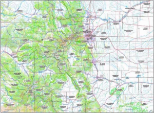 Colorado Topographic County GIS Map showing county boundaries, cities, roads, and geographic features.