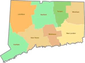 Connecticut County GIS Map showing county boundaries, cities, roads, and geographic features.