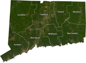 Connecticut Satellite County GIS Map showing county boundaries, cities, roads, and geographic features.