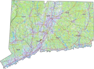 Connecticut Topographic County GIS Map showing county boundaries, cities, roads, and geographic features.