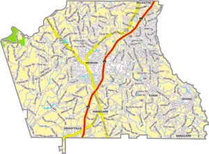Coweta County Georgia GIS Map showing county boundaries, major roads, cities, highways, rivers, and geographic features.