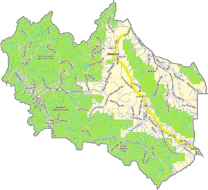 Custer County Idaho GIS Map showing county boundaries, roads, communities, and geographic features.