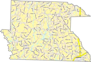 Dallas County Arkansas GIS Map showing county boundaries, roads, cities, and geographic features.