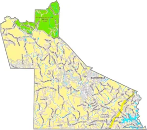 Dawson County Georgia GIS Map showing county boundaries, major roads, cities, highways, rivers, and geographic features.