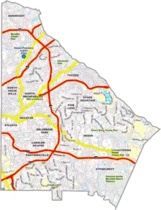 DeKalb County Georgia GIS Map showing county boundaries, major roads, cities, highways, rivers, and geographic features.
