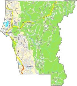 Del Norte County California GIS Map showing county boundaries, cities, roads, and geographic features.