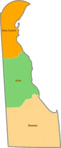 Delaware County Map showing county boundaries, cities, roads, and geographic features.