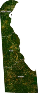 Delaware Satellite County GIS Map showing county boundaries, cities, roads, and geographic features.