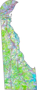 Delaware Topographic County GIS Map showing county boundaries, cities, roads, and geographic features.