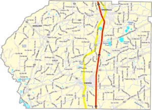 Dooly County Georgia GIS Map showing county boundaries, major roads, cities, highways, rivers, and geographic features.