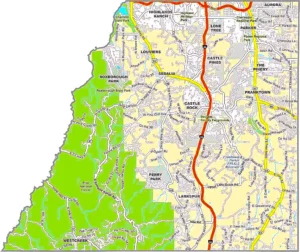 Douglas County Colorado GIS Map showing county boundaries, cities, roads, and geographic features.